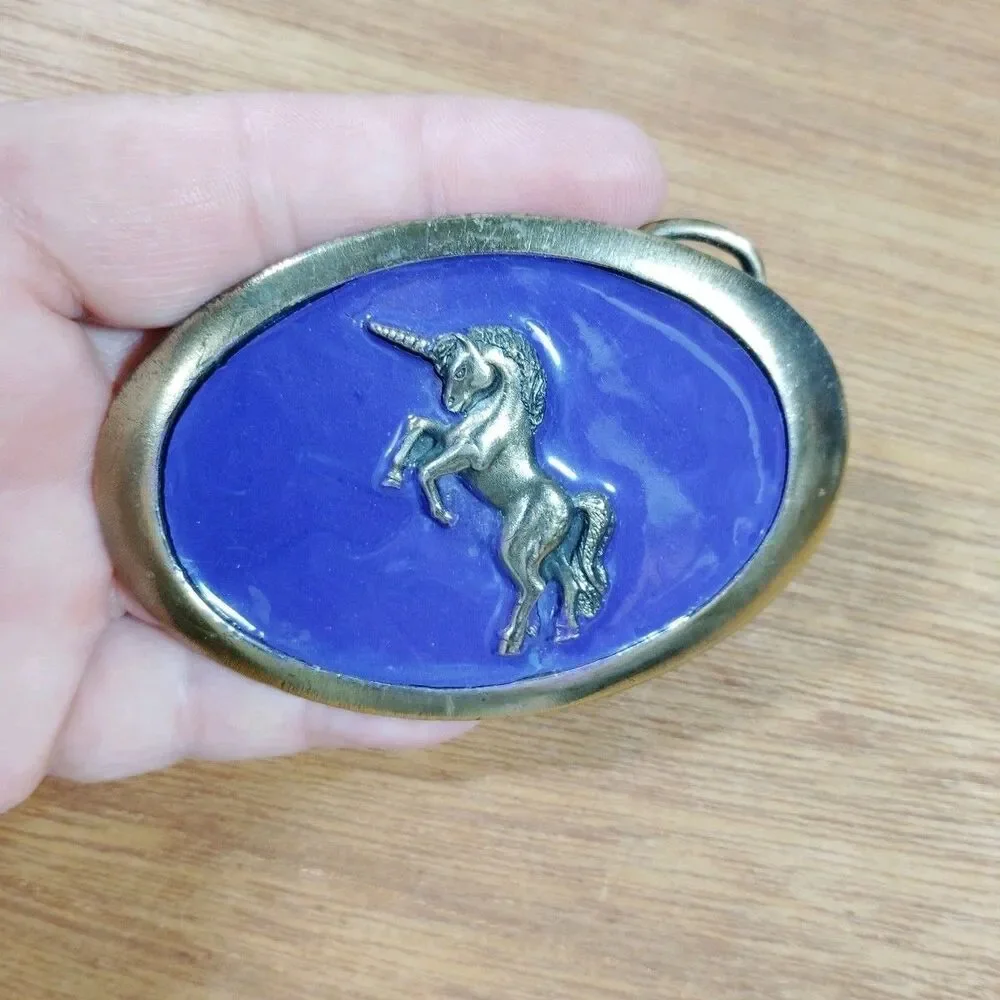 Vintage Unicorn Belt Buckle Great American USA Purple Enamel Mythical Magical